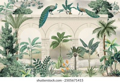 Ilustración mural tradicional de Mughal, mural de pared, plantas tropicales y aves, pavo real, fondo de acuarela.