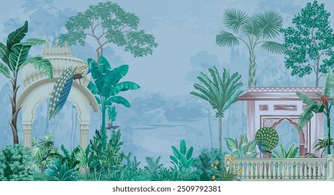 Traditional Mughal palace. Traditional Mughal decorative palace and garden Arch tree plants illustration.