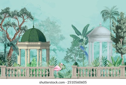 Traditional Mughal palace. Traditional Mughal decorative palace and garden Arch tree plants illustration.