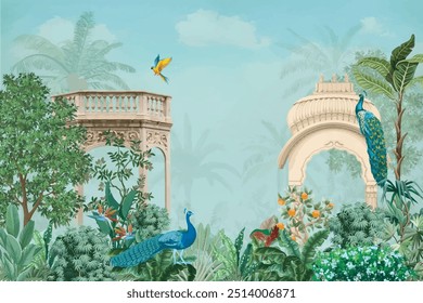 Traditional Mughal palace. Traditional Mughal decorative palace and garden Arch tree plants illustration.