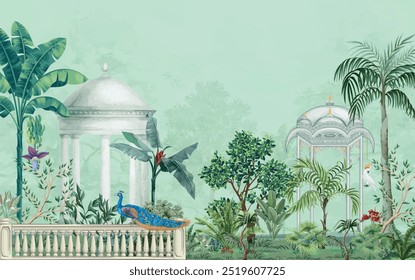 
Traditional Mughal palace. Traditional Mughal decorative palace and garden Arch tree plants illustration.