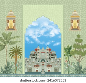 Traditional Mughal palace, garden, arch, frame for invitation design. Beautiful wedding invitation card template design.