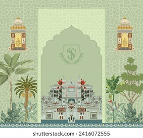 Traditional Mughal palace, garden, arch, frame for invitation design. Beautiful wedding invitation card template design.