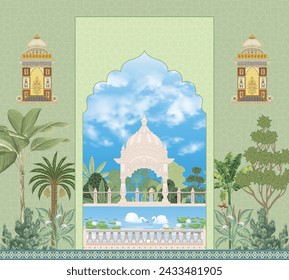Traditional Mughal palace, garden, arch, frame illustration for wallpaper. Mughal Garden, Water lily and swan in a beautiful lake illustration. living room decor wallpaper.