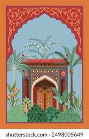 Palacio tradicional mogol, jardín, arco, loro, ilustración de marco para el Fondo de pantalla. Arte pichwai mogol indio