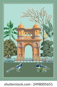 Traditional Mughal palace, garden, arch, parrot, frame illustration for wallpaper. Indian Mughal pichwai art