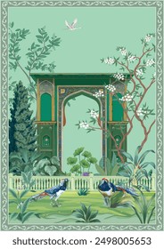 Traditional Mughal palace, garden, arch, parrot, frame illustration for wallpaper. Indian Mughal pichwai art