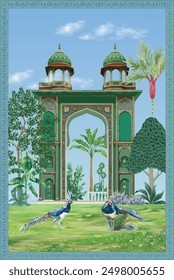 Traditional Mughal palace, garden, arch, parrot, frame illustration for wallpaper. Indian Mughal pichwai art