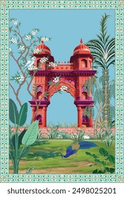 Traditional Mughal palace, garden, arch, parrot, frame illustration for wallpaper. Indian Mughal pichwai art
