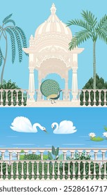 
Traditional Mughal palace, garden, arch, frame illustration for wallpaper. Mughal Garden, Water lily and swan in a beautiful lake illustration.