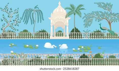Traditional Mughal palace, garden, arch, frame illustration for wallpaper. Mughal Garden, Water lily and swan in a beautiful lake illustration.