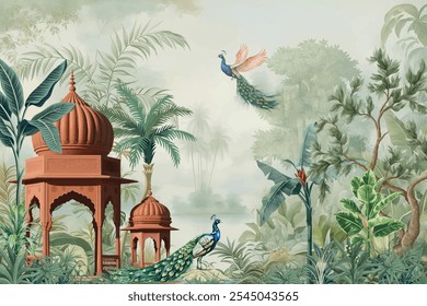 Traditional Mughal peacock Garden. Mughal architecture illustration wallpaper.  Botanical landscap illustration.