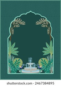 Traditional Mughal pichwai art, Mughal garden, peacock, and arch frame for wallpaper. wall art illustration design.