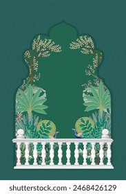 Traditional Mughal pichwai art, Mughal garden, peacock, and arch frame for wallpaper. wall art illustration design.