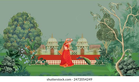 
Traditional Mughal queen in garden with horse landscape wallpaper. Mughal palace Jaipur in Rajasthani style wallpaper.
