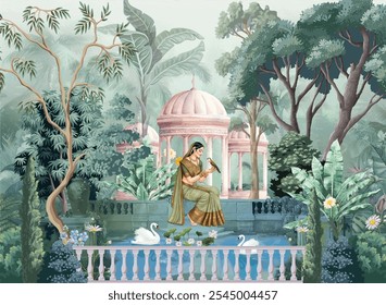 Traditional Mughal queen in Garden with Lake view Landscape wallpaper.