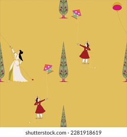 Traditional mughal queen and a kid flying a kite - Seamless Indian traditional pattern for luxury wallpaper and textile printing - Indian Mughal art vector.