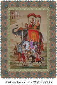 Traditional Mughal queen riding Elephant, horse caravan vector illustration frame pattern for wallpaper