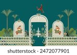 Traditional Mughal queen sitting in garden, arch landscape wallpaper. Traditional Mughal forest garden illustration. Mughal miniature and wall painting.
