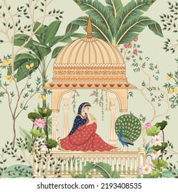Traditional Mughal queen sitting in garden, arch, temple, lamp, bird vector illustration seamless pattern for wallpaper - Shutterstock ID 2193408535