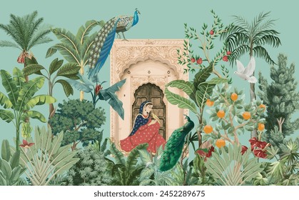 Traditional Mughal Queen sitting in garden Dom. Indian Mughal art wallpaper illustrations. Indian Rajasthani Art Traditional Wall Mural for Living Room, Canvas, Painting Art.