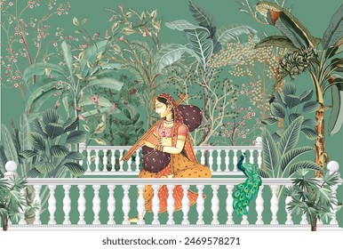 Traditional Mughal queen sitting in garden, arch landscape wallpaper. Traditional Mughal forest garden illustration. Mughal miniature and wall painting.