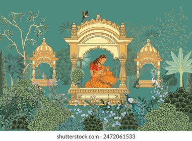 Traditional Mughal queen sitting in garden, arch landscape wallpaper. Mughal wedding invitation wallpaper design.