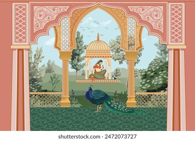 Traditional Mughal queen sitting in garden, arch, temple.  Mughal botanical garden wallpaper deign.