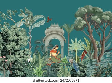 Traditional Mughal queen sitting in garden, arch landscape wallpaper. Traditional Mughal forest garden illustration. Mughal miniature and wall painting.