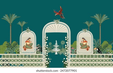 Traditional Mughal queen sitting in garden, arch landscape wallpaper. Traditional Mughal forest garden illustration. Mughal miniature and wall painting.
