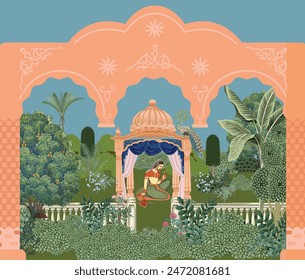 Traditional Mughal queen sitting in garden, arch landscape wallpaper. Traditional Mughal forest garden illustration.
