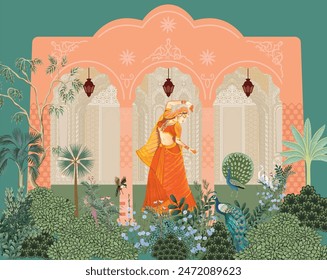 Traditional Mughal queen sitting in garden, arch landscape wallpaper. Mughal wedding invitation wallpaper design.