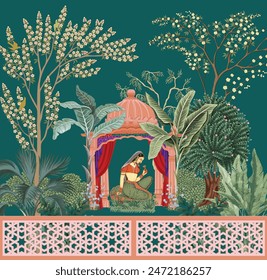 
Traditional Mughal queen sitting in garden, arch landscape wallpaper. Mughal wedding invitation wallpaper design.
