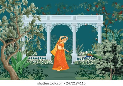 Traditional Mughal queen sitting in garden, arch landscape wallpaper. Traditional Mughal forest garden illustration. Mughal miniature and wall painting.