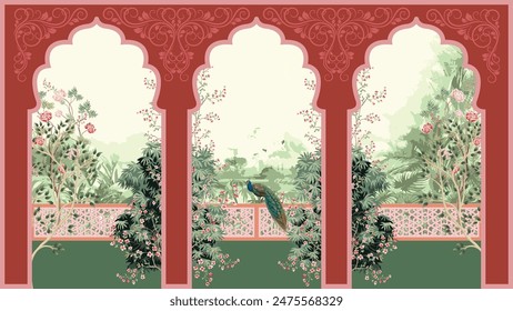 Traditional Mughal queen sitting in garden, arch landscape wallpaper. Traditional Mughal forest garden illustration.