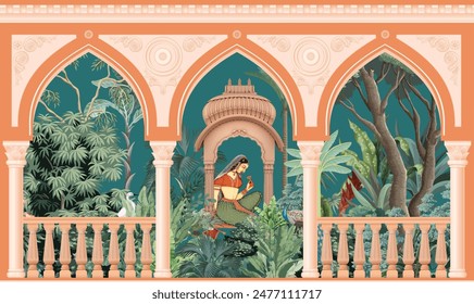 Traditional Mughal queen sitting in garden, arch landscape wallpaper. Traditional Mughal forest garden illustration. Mughal miniature and wall painting.