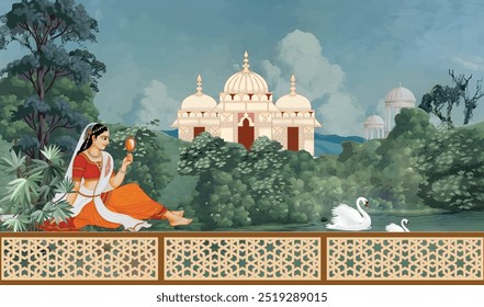 Tradicional rainha mogol sentado no jardim, com templos, lago, colina, planta e padrão de ilustração de paisagem de árvore botânica, Mughal Wall Mural.