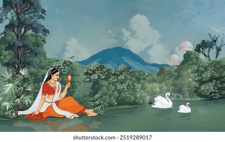 Tradicional rainha mogol sentado no jardim, com templos, lago, colina, planta e padrão de ilustração de paisagem de árvore botânica, Mughal Wall Mural.