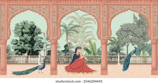 Traditional Mughal queen sitting in garden, arch landscape wallpaper. Traditional Mughal forest garden illustration.