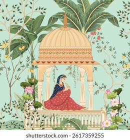Traditional Mughal queen sitting in garden, arch, temple, lamp, bird vector illustration seamless pattern for wallpaper