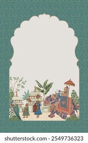 Traditional Mughal Royal Procession with elephant, garden arch, palace and peacock illustration frame for Invitation