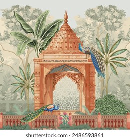 Traditional Mughal temple, lattice wall, peacock, tree pattern illustration