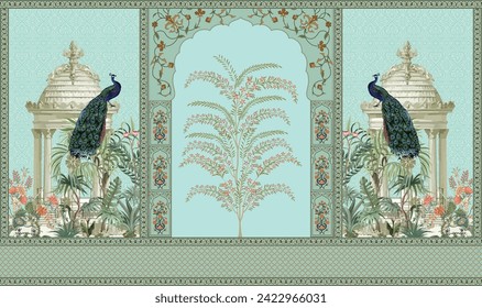 Traditional  Mughal Wall Design, Mughal Arch, Peacock, Flower, Seamless Border, Dome.