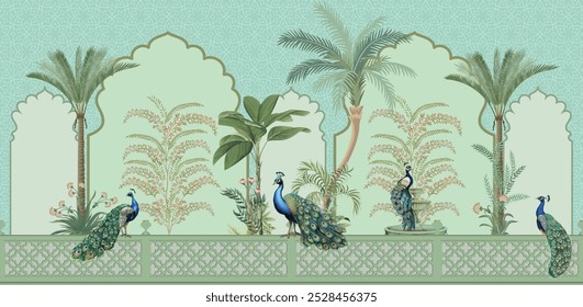 Traditional Mughal Wall Illustration, Mughal arch, Mughal Garden Illustration, Wedding Background design for print.