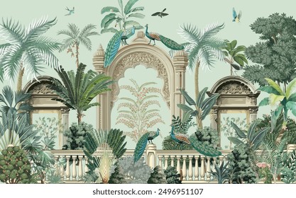 Traditional Mughal wall mural, Mughal arch, Mughal motif with Peacock and birds, watercolor background.