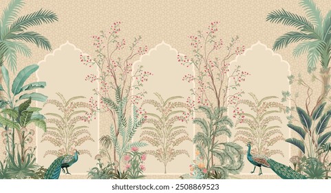 Traditional Mughal Wall Mural, Mughal Arch with Mughal Flower, Peacock, Seamless Background.