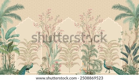 Traditional Mughal Wall Mural, Mughal Arch with Mughal Flower, Peacock, Seamless Background.