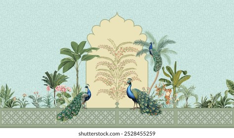 Traditional Mughal Wall Mural Illustration, Mughal Garden, Peacock, Mughal Arch.