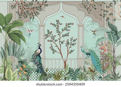 Traditional Mughal Wall Mural, Tropical Plant, Birds, Watercolor background,Peacock.