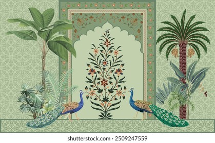 Traditional Mughal Wall Mural Wallpaper, Seamless Wallpaper Design, Mughal Arch with Flower, Peacock, Trees.